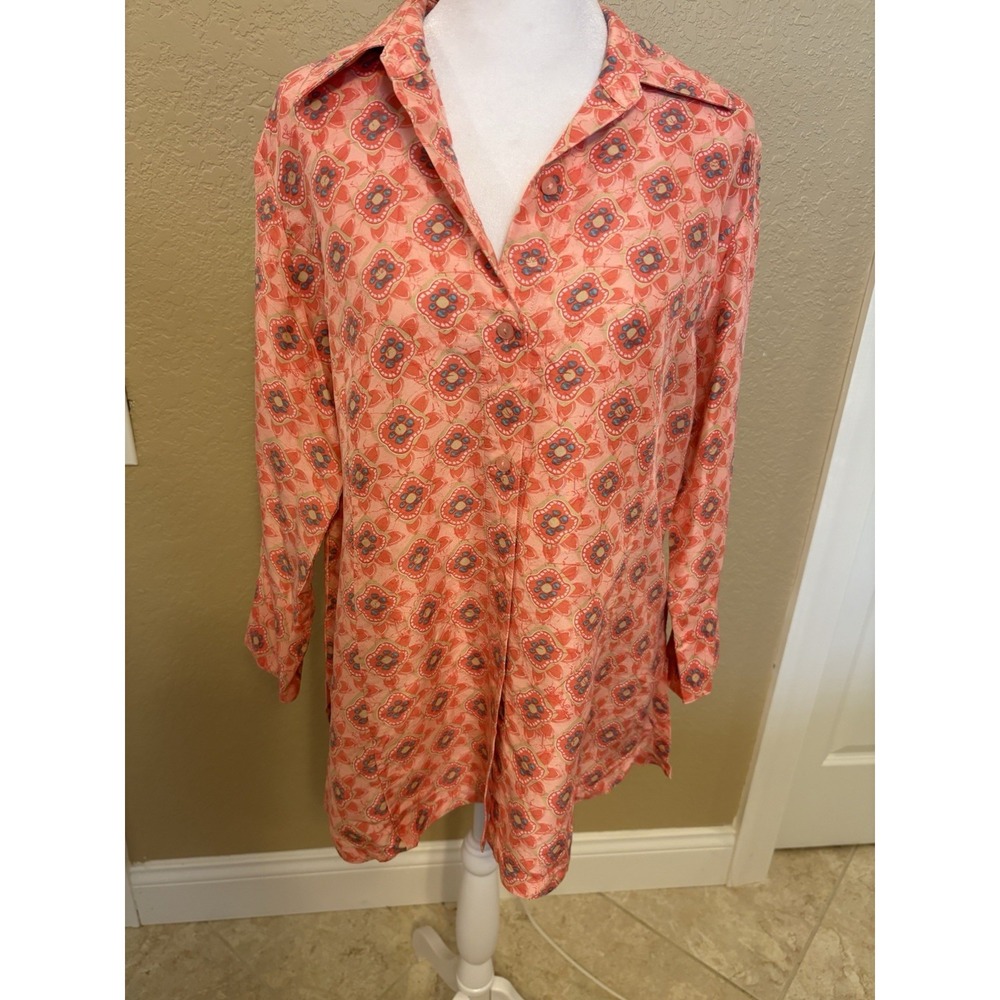 Peck & Peck 100% Silk 3/4 Sleeve Button Up Geometric Floral Blouse, Large